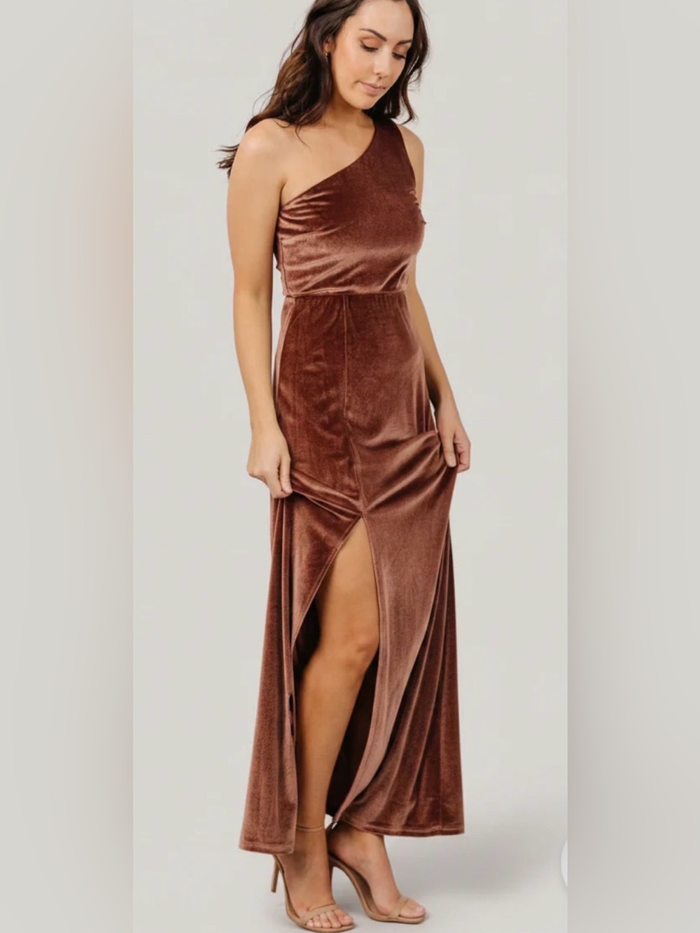Baltic Born One-Shoulder Velvet Maxi Dress in Orange Rust Size Large NWT